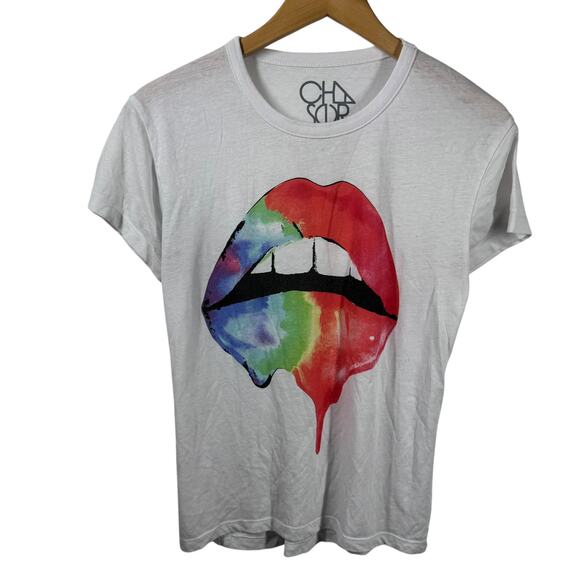 Chaser T-Shirt Women S White Rainbow Dripping Lip Graphic Crew Neck Spring Top - Picture 1 of 7